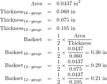 \begin{eqnarray*} \mbox{Area}&=&0.0437 \mbox{ in}^2\\ \mbox{Thickness}_{16-gauge}&=&0.060 \mbox{ in}\\ \mbox{Thickness}_{14-gauge}&=&0.075 \mbox{ in}\\ \mbox{Thickness}_{12-gauge}&=&0.105 \mbox{ in}\\ \mbox{Backset}&=&\frac{1}{2} \times \frac{\mbox{Area}}{\mbox{Thickness}}\\ \mbox{Backset}_{16-gauge}&=&\frac{1}{2} \times \frac{0.0437}{0.060} = 0.36 \mbox{ in}\\ \mbox{Backset}_{14-gauge}&=&\frac{1}{2} \times \frac{0.0437}{0.075} = 0.29 \mbox{ in}\\ \mbox{Backset}_{12-gauge}&=&\frac{1}{2} \times \frac{0.0437}{0.105} = 0.21 \mbox{ in} \end{eqnarray*}