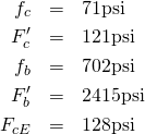 \begin{eqnarray*} f_c&=&71 \mbox{psi}\\ F_c'&=&121 \mbox{psi}\\ f_b&=&702 \mbox{psi}\\ F_b'&=&2415 \mbox{psi}\\ F_{cE}&=&128 \mbox{psi}\\ \end{eqnarray*}